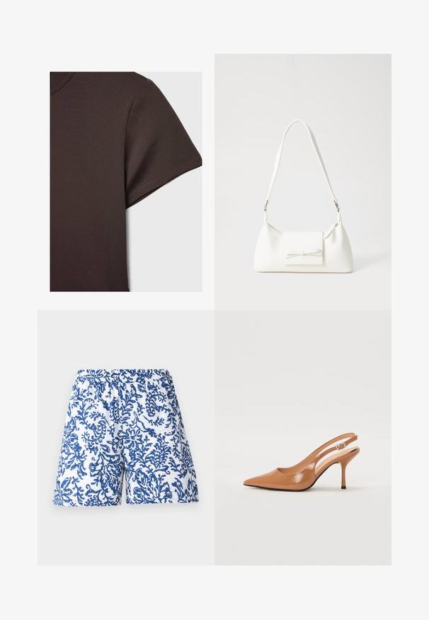 Tmavě hnědé tričko s krátkým rukávem vyrobené z hladkého, pružného materiálu, se klasickým kulatým výstřihem a čistými švy.; Tištěné šortky z bílé látky s modrým korálovým vzorem. Elastický pas, volný střih a hladká textura.; Sandy poprsko s úzkým podpatkem v hladkém, lesklém odstínu tan. Obsahuje zakřivený design s výřezem a štíhlý jehlový podpatek. Detail se stříbrnou sponou.; Bílá syntetická kabelka v trojúhelníkovém tvaru, s plochým předním klopným víkem a detailem mašle, nastavitelným popruhem, hladkým povrchem a minimalistickým designem.