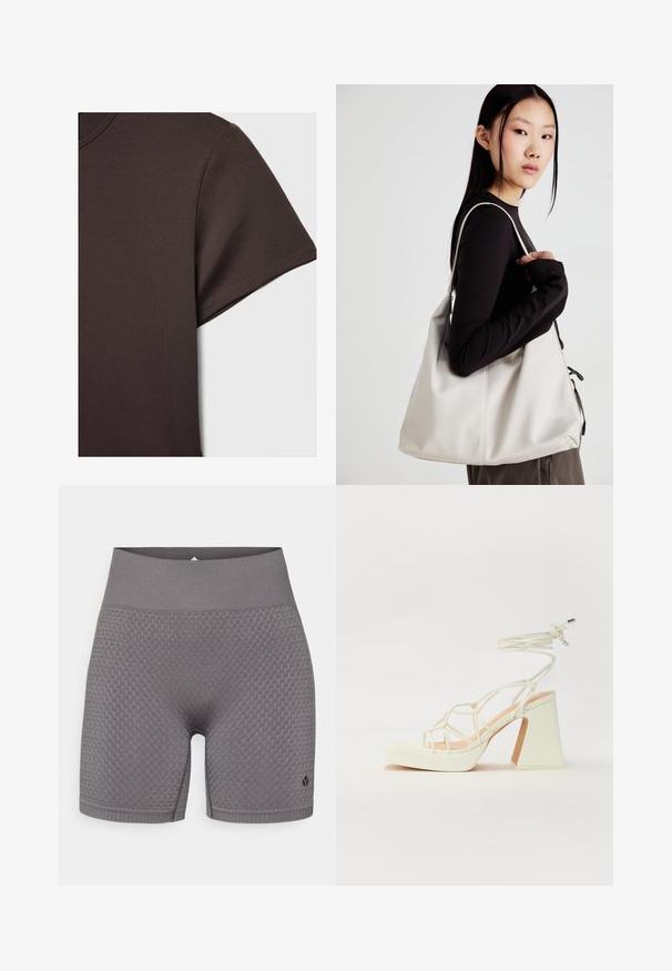 Tmavě hnědé tričko s krátkým rukávem vyrobené z hladkého, pružného materiálu, se klasickým kulatým výstřihem a čistými švy.; Šedé sportovní šortky s texturou, širokým elastickým pasem a nenápadným logem na dolní levé straně. Tkanina má vzorovaný design.; Bílé sandály na vysokém podpatku s robustním podpatkem, s designem s pásky a zavazováním kolem kotníku. Hladký povrch s platformou vpředu pro zvýšení výšky.; Beige kabelka vyrobená z měkkého materiálu, s volným designem, prošívanými detaily a dvěma ramenními popruhy. Vhodná pro každodenní použití.