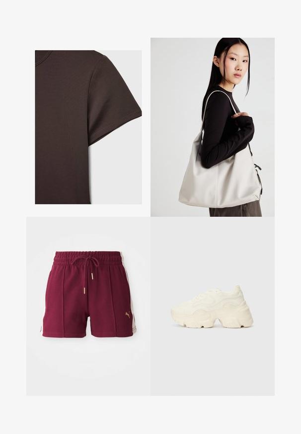 Dark brown short-sleeve t-shirt made from smooth, stretchy material, featuring a classic crew neckline and clean stitching details.; Maroon athletic shorts with a textured fabric, elastic waistband, drawstring, and cream side panels featuring a gold logo detail.; Chunky white sneakers made of textured mesh and synthetic materials, featuring a thick sole and intricate pattern details along the sides.; Beige handbag made of soft material, featuring a slouchy design, stitched detailing, and two shoulder straps. Suitable for everyday use.