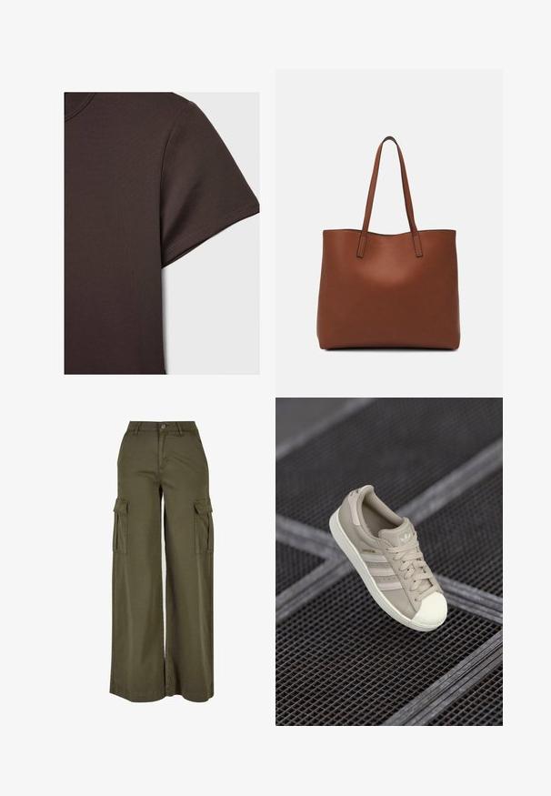 Ciemnobrązowa koszulka z krótkim rękawem, wykonana z gładkiego, elastycznego materiału, z klasycznym okrągłym dekoltem i schludnymi szwami.; Oliwkowe szerokie spodnie cargo z dwiema bocznymi kieszeniami, wykonane z miękkiego, trwałego materiału. Charakteryzują się szczegółowym przeszyciem i zapięciem na guzik.; Beżowe sneakersy Adidas Superstar z teksturowaną skórzaną cholewką, trzema bocznymi paskami, okrągłym noskiem i logo na języku oraz pięcie.; Brązowa skórzana torba tote o gładkiej fakturze, z otwartym wierzchem i dwoma ramiączkami. Charakteryzuje się minimalnym przeszyciem i brakiem widocznych elementów metalowych.