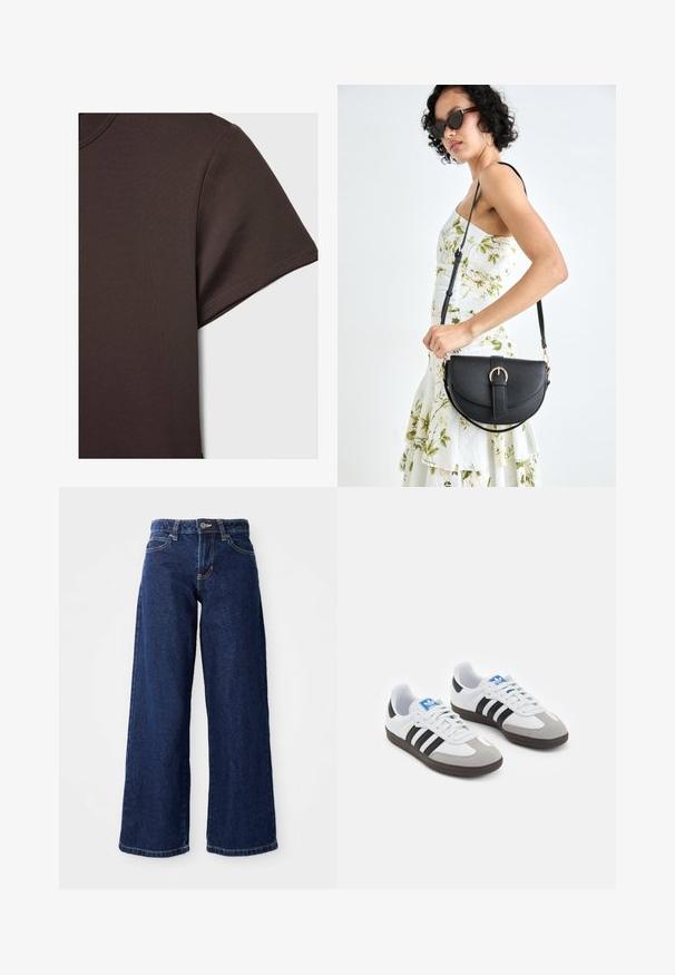 Tmavě hnědé tričko s krátkým rukávem vyrobené z hladkého, pružného materiálu, se klasickým kulatým výstřihem a čistými švy.; Tmavě modré široké džíny vyrobené z denimu, s zapínáním na knoflík a zip, poutky na opasek a klasickým designem pěti kapes.; Sportovní boty s bílým koženým svrškem, šedou semišovou špičkou a třemi černými pruhy. Obsahují modré logo na jazyku a texturovanou gumovou podrážku.; Černá kožená kabelka s křivkovým tvarem, odnímatelným popruhem a zlatými detaily. Kabelka má klopu s přezkou.