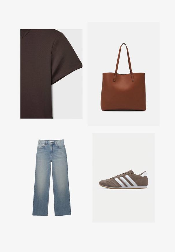 Tamno smeđa kratkotrajna majica s kratkim rukavima napravljena od glatkog, rastezljivog materijala, s klasičnim okruglim izrezom i čistim detaljima šivanja.; Svijetloplave široke traperice s visokim strukom, imaju prednje džepove i kopčanje na gumb. Glatka tekstura s izblijedjelim dijelovima.; Smeđi zamakani sportski tenisice s bijelim prugama, okrugli vrh, vezanje, i potplat od gumene smole. Teksture gornjeg dijela s detaljima šivanja.; Smeđa kožna torba preko ramena s glatkom teksturom, otvorenim vrhom i dvjema naramenicama. Ima minimalne šavove i nema vidljivog hardvera.