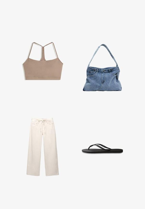 Egy tompa barna színű melltartó, sima textúrával, állítható spagetti pántokkal és négyzet alakú nyakkivágással, látható zár nélkül.; Krém színű, széles lábú nadrág. Kötős derékrésszel és fémelemekkel ellátott zsebekkel rendelkezik. Sima textúrájú, laza fazonnal.; Fekete papucs texturált gumitalppal, két vékony pánttal és finom, domború logóval a pánton.; Farmer vászontáska ívelt pánttal, két elülső zsebbel és gombos felső résszel, világoskék anyagból, kontrasztos varrási részletekkel.