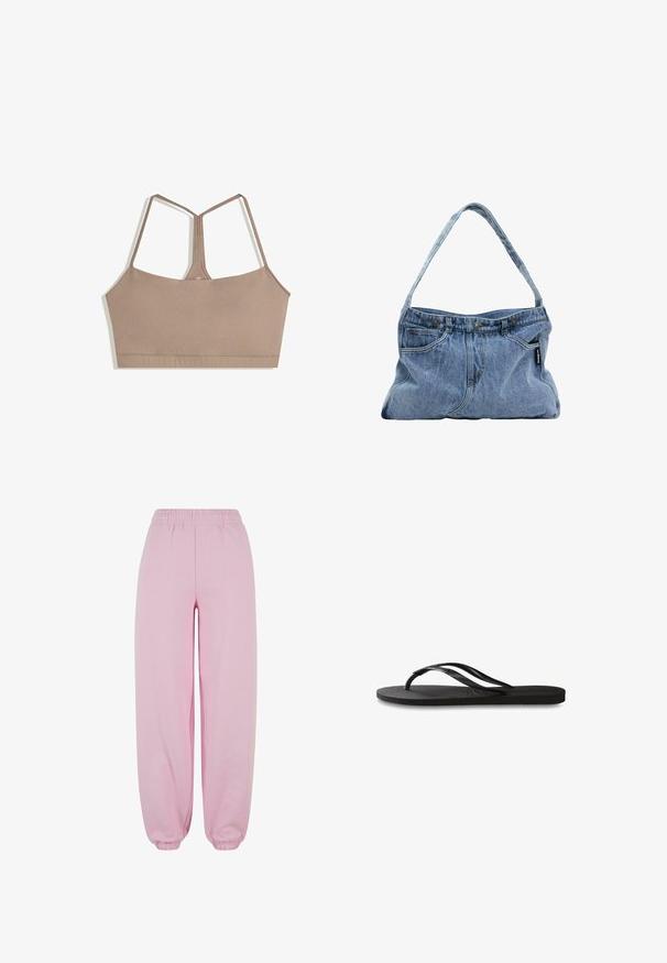 Beha in een gedempte bruine kleur met een gladde textuur, voorzien van verstelbare spaghettibandjes en een vierkante halslijn, zonder zichtbare sluitingen.; Urban Classics FLUFFY - Trainingsbroek - softpink; Zwarte flip-flop met een gestructureerde rubberen zool, twee slanke banden en een subtiele, ingedrukte logo-detail op de band.; Denim schoudertas met een gebogen hengsel, twee voorzakken en een knoopsluiting aan de bovenkant, met lichtblauwe stof en contrasterende stiksels.