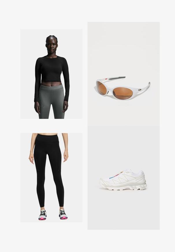 Zwarte langmouw crop top gecombineerd met strakke donkergrijze leggings. De top heeft een eenvoudig ontwerp; de leggings hebben zijnaad en een soepele textuur.; Zwarte leggings met een hoge tailleband, een gladde textuur en een minimalistisch ontwerp. Voorzien van zijzakken en stikdetails.; Witte sportieve schoen met een gestructureerde mesh bovenkant, reflecterende accenten en een gevoerde zool. Opvallend merklogo aan de zijkant.; Witte zonnebril met bruine lenzen, ovale vorm, gemaakt van glad plastic, met grijze accenten op de armen en een logo op het montuur.; Zijde vierkante sjaal met een levendig abstract patroon in rood, roze en groen, omrand met een diep bordeauxrode rand.