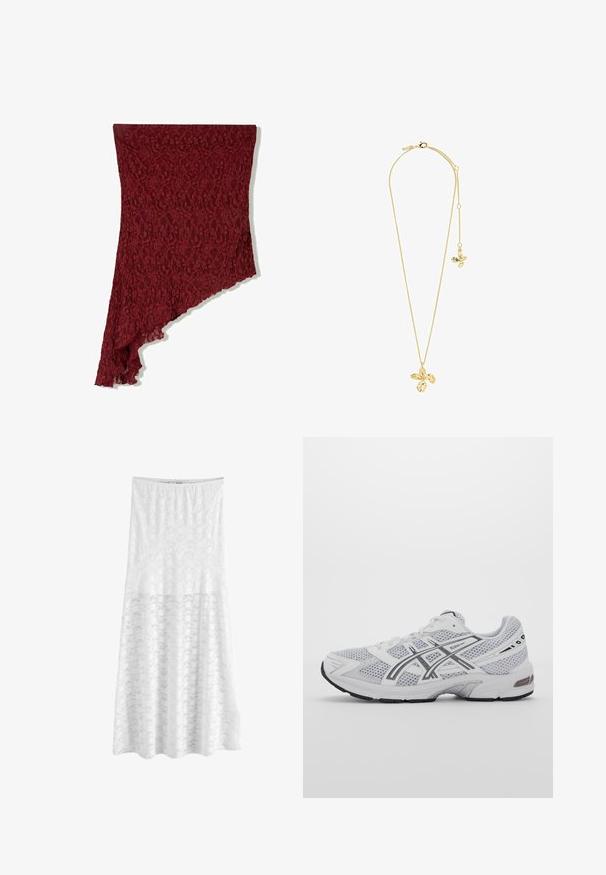 Burgundy lace shawl with an asymmetrical cut, featuring a floral pattern and scalloped edge, made of lightweight, textured material.; Next REGULAR FIT - Maxi skirt - white; White mesh athletic shoe featuring gray accents, structured design, lacing system, padded collar, and rubber outsole for traction.; Pilgrim DREAM - Necklace - gold plated