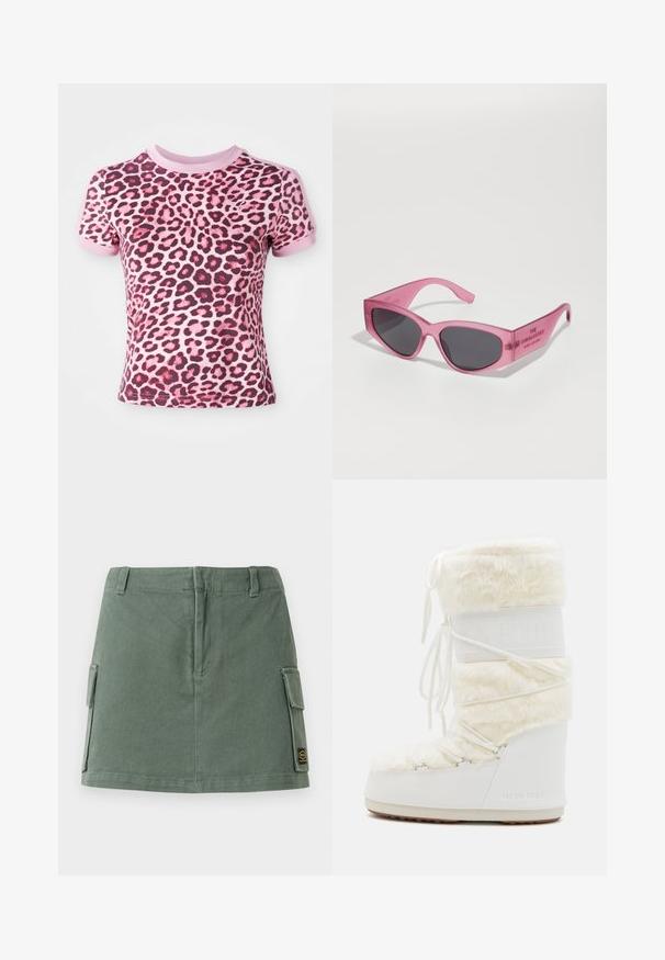 T-shirt a manica corta con stampa leopardata rosa, caratterizzato da un colletto rotondo e polsini rosa a contrasto, realizzato in materiale morbido ed elasticizzato.; Gonna di jeans verde con vita aderente, due tasche laterali e una toppa in basso a destra. Texture liscia con una leggera lucentezza.; Stivali Moon Boot bianchi con parte superiore in pelliccia sintetica, chiusura con lacci sul davanti e suola in gomma. Finitura testurizzata e logo impresso sul lato. Design chunky e imbottito.; Occhiali da sole rosa trasparenti con forma angolare a occhio di gatto, lenti scure, e testo embossato sulla tempia che recita "GLI OCCHIALI DA SOLE."