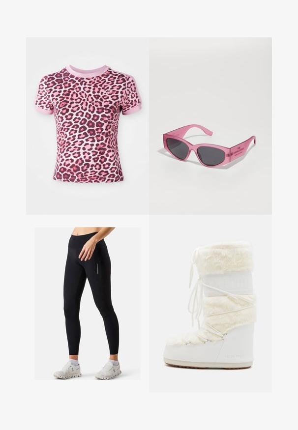 Pink leopard print t-shirt with short sleeves, featuring a rounded neckline and contrasting pink cuffs, made from soft, stretchy material.; Black leggings with a fitted design, high waistband, side zip pocket, and smooth texture. Paired with white athletic shoes.; White Moon Boot with faux fur upper, lace-up front, and rubber sole. Textured finish and embossed logo on side. Chunky, padded design.; Pink transparent sunglasses with angular, cat-eye shape, dark tinted lenses, and embossed text on the temple reading "THE SUNGLASSES."