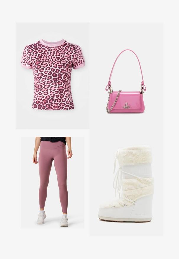 Pink leopard print t-shirt with short sleeves, featuring a rounded neckline and contrasting pink cuffs, made from soft, stretchy material.; Pink athletic leggings with a high waist, smooth texture, and minimal stitching details. Paired with white sneakers for contrast.; White Moon Boot with faux fur upper, lace-up front, and rubber sole. Textured finish and embossed logo on side. Chunky, padded design.; Pink patent leather handbag with a rectangular shape, detachable chain strap, and silver hardware detail on the front.
