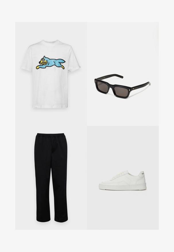 Hvit bomull t-skjorte med en blå, tegneserieaktig katt med et gult ansikt og skarpe tenner, plassert i en hoppende posisjon.; Svart bukse med midtlange ben og elastisk midje. Laget av glatt stoff, med en avslappet passform og uten synlige lommer eller dekorasjoner.; Hvite lærersneakers med en jevn overflate, rund tå, flate lisser og en teksturert såle. Har en subtil logo på hælen.; Sorte rektangulære solbriller med mørke linser, tykk plastikkramme, gullaccenter på skulderpartiet og merkevarelogo gravert på armen.