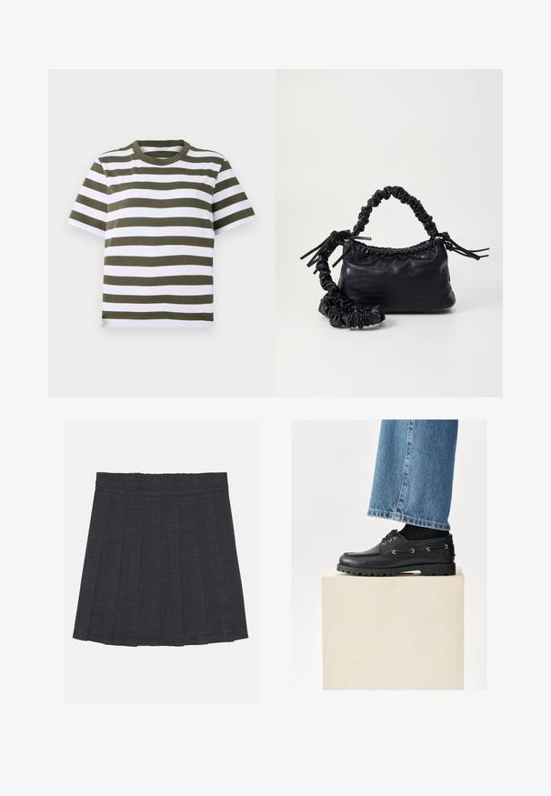 Zöld és fehér csíkos, rövid ujjú póló, kerek nyakkivágással, puha pamut anyagból készült. Egyenletes vízszintes csíkokkal rendelkezik.; Sötétszürke pliszírozott szoknya rugalmas derékkal, texturált anyagból, klasszikus A-vonalú sziluettel. Alkalmas mindennapi viseletre.; Fekete bőr cipők lekerekített orral, fűzős kialakítással és arany fűzőlyukakkal. Masszív talp. Kék farmernadrággal viselve, amely kissé eltakarja a cipőket.; Fekete műbőr kézi táska krokodil bőr textúrával, összehúzható tetejű és gyűrt pánttal. Lágy és kompakt dizájnúnak tűnik.
