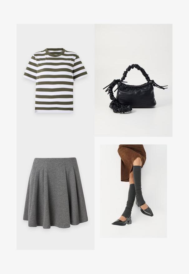 Vihreä-valkoinen raidallinen lyhythihainen t-paita pyöreällä kaula-aukolla, valmistettu pehmeästä puuvillakankaasta. Sisältää tasaisia vaakaraitoja.; Harmaa pleatattu hame pehmeästä kankaasta, jossa on istuva vyötärö ja hulmuava siluetti, sileä pinta ja siisti viimeistely.; Musta lakattu nahkakengät teräväkärkisillä, leveällä kantapäällä ja nilkkahihnalla, yhdistettynä harmaisiin ribattuihin säärystimiin ja ruskeaan mokkasiinimekkoon.; Must-have mustekahvi nahkalaukku krokotiiliaistalla, kiristetty yläosa ja rypistetty hihna. Näyttää pehmeältä ja kompaktilta muotoilultaan.