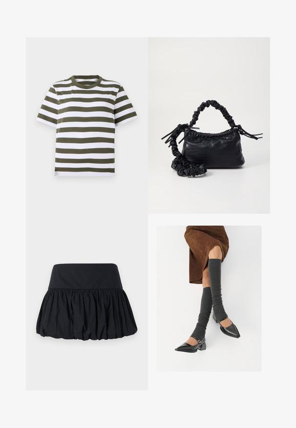 Zöld és fehér csíkos, rövid ujjú póló, kerek nyakkivágással, puha pamut anyagból készült. Egyenletes vízszintes csíkokkal rendelkezik.; Fekete, összegyűrt szoknya széles, lapos derékpánttal. Légies formája és sima textúrája van. Nincs látható minta vagy fém részlet.; Fekete lakk bőrből készült, hegyes orrú cipők, tömbsarkúakkal és bokapánttal, szürke bordás lábszármelegítőkkel és barna velúr szoknyával párosítva.; Fekete műbőr kézi táska krokodil bőr textúrával, összehúzható tetejű és gyűrt pánttal. Lágy és kompakt dizájnúnak tűnik.