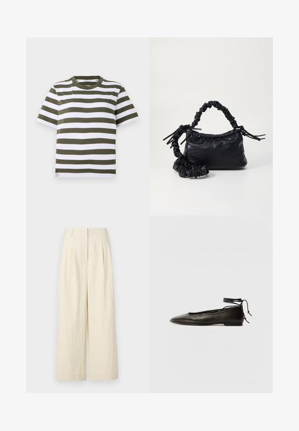 Grünes und weiß gestreiftes T-Shirt mit kurzen Ärmeln und rundem Halsausschnitt, aus weichem Baumwollstoff. Verfügt über gleichmäßige horizontale Streifen.; Cremfarbene, weit geschnittene Hosen aus einem strukturierten Stoff. Sie verfügen über Vorderfalten und eine hohe Taille, die eine lockere Passform bieten.; Schwarze Leder-Ballerinas mit spitzem Zehenbereich, Knöchelband und flacher Sohle, die eine glatte Textur und ein minimalistisches Design aufweisen.; Schwarze Handtasche aus Kunstleder mit Krokodilstruktur, gerafftem oberen Teil und einem geschoppten Tragegurt. Sie wirkt weich und kompakt im Design.
