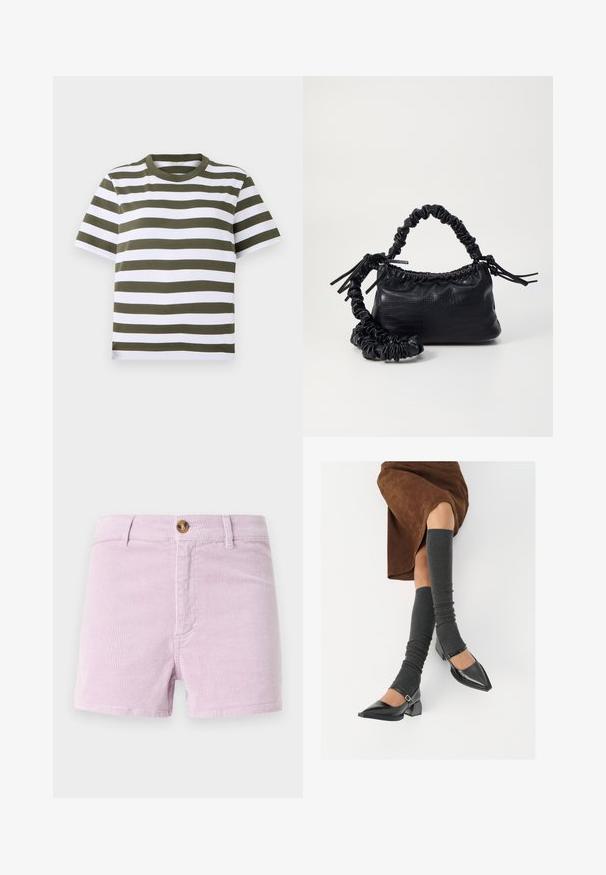 Camiseta de manga corta a rayas verdes y blancas con escote redondo, hecha de suave tejido de algodón. Presenta rayas horizontales uniformes.; Shorts de pana color lavanda claro con cierre de botón, que presentan un diseño texturizado de canalé y bolsillos frontales, cortados por encima del muslo.; Zapatos de charol negros con punta afilada, tacón bloque y tira de tobillo, combinados con calentadores de piernas de canalé grises y una falda de ante marrón.; Bolso de mano de imitación cuero negro con textura de cocodrilo, parte superior fruncida y correa arrugada. Presenta un diseño suave y compacto.