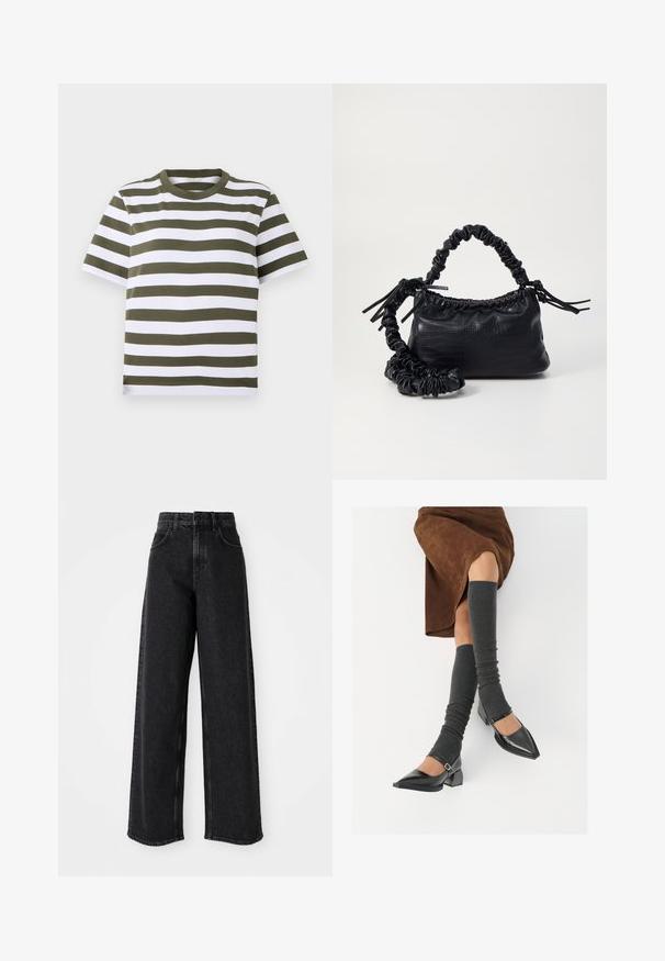Zelené a bílé pruhované tričko s krátkým rukávem a kulatým výstřihem, vyrobené z měkké bavlněné tkaniny. Obsahuje rovnoměrné horizontální pruhy.; Černé džíny s vysokým pasem a širokými nohavicemi vyrobené z denimu, s klasickým pětikapsovým designem a jemnými detaily šití.; Černé lakované boty s špičatou špičkou, blokovým podpatkem a kotníkovým páskem, spárované s šedými žebrovanými návleky na nohy a hnědskou sukní z semiše.; Černá kabelka z umělé kůže s krokodýlím vzorem, staženým vrškem a zmačkaným popruhem. Zdá se, že má měkký a kompaktní design.
