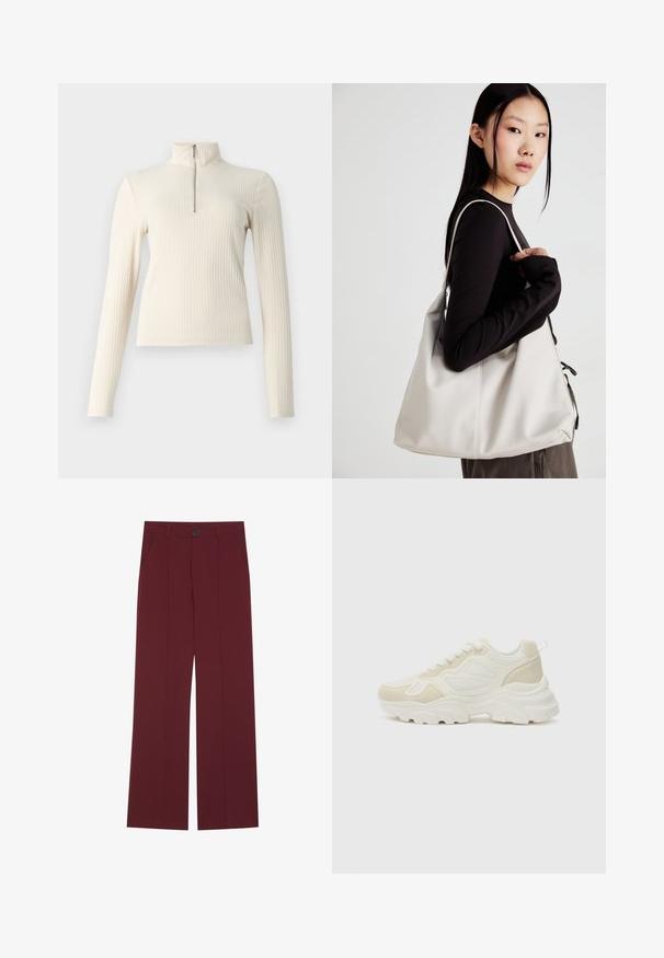 Krēmkrāsas ribota džemperis ar garām piedurknēm un augstu apkakli. Tas ir aprīkots ar ceturtdaļas rāvējslēdzēju priekšpusē un tam ir pieguļoša forma. Vienkārša tekstūra.; Bordo bikses ar plašu kāju dizainu, kurām ir pogu aizdare, divas sānu kabatas un krokotas priekšpuses detaļas. Gluda auduma tekstūra.; Baltie kedai ar masīvu zoli, kas izgatavotas no acu un zamšādas materiāliem, ar noapaļotu purngalu un auklu aizdari. Vienkārši, minimālisma akcenti.; Bežs rokassoma, izgatavota no mīksta materiāla, ar brīvu dizainu, izšūtu apdari un divām plecu siksnām. Piemērota ikdienas lietošanai.