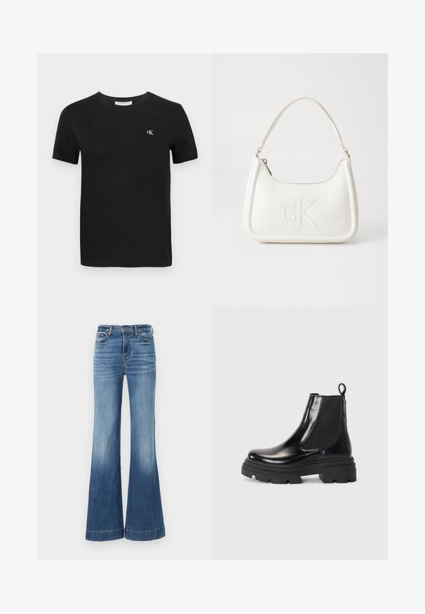Black cotton t-shirt with a classic crew neck, short sleeves, and a small white embroidered "ck" logo on the chest.; Blue denim flared jeans with a high waist, featuring a lighter fade at the bottom and stitched hem detail. Classic five-pocket design.; Black leather ankle boots with a sleek design, elastic side panels, and a chunky black sole. Features a pull tab at the back for easy wear.; White leather handbag with a curved shape, featuring an embossed "CK" logo on the front and a single shoulder strap. Zipper closure at top.