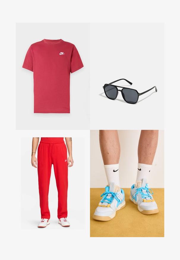 Raudonas trumpomis rankovėmis Nike marškinėlis su balta logotipu kairiajame krūtinės srityje, apvalia kaklo iškirpte ir vienspalviu dizainu ant neutralaus fono.; Raudoni sportiniai kelnių su elastingu juosmeniu ir raišteliu, su mažuoju balto Nike logotipo. Medžiaga atrodo minkšta, su laisvu siluetu.; Šviesiai mėlynos sportbačiai su rausvais padais, turintys ryškius mėlynus raištelius ir geltonus akcentus. Tekstūruotos medžiagos ir matoma oro pagalvė.; Juodos akiniai nuo saulės su aštuonkampiu rėmeliu, tamsiais objektyvais, blizgiu paviršiumi, plonomis šakutėmis ir auksinėmis akcentais priekyje.
