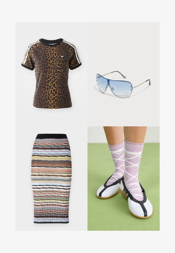 T-shirt de estampa de leopardo com mangas curtas, gola redonda canelada preta e riscas brancas laterais. Feito de tecido suave com um corte descontraído.; Saia lápis de malha com um padrão diagonal multicolorido em tons de azul, bege, castanho e preto. Cintura elástica preta na parte superior.; Sapatos brancos planos com detalhes e solado pretos, combinados com meias caneladas roxas claras com tiras brancas em cruz. Colocados sobre um fundo verde.; Óculos de sol aviador com lentes azuis em degradê, armação metálica prateada e detalhes decorativos de estrelas nas lentes. Design suave e elegante.