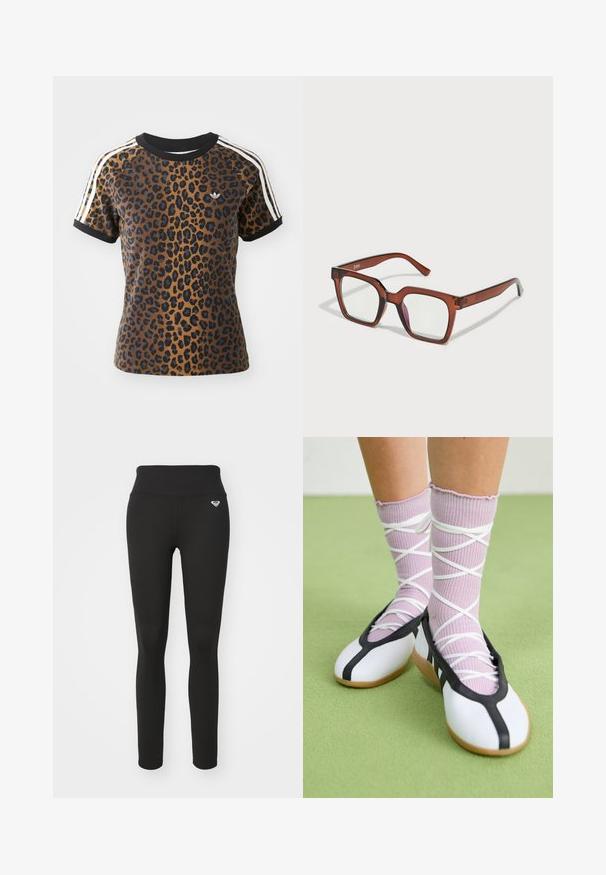 T-Shirt mit Leopardenmuster, kurzen Ärmeln, schwarzem gerippem Rundhalsausschnitt und weißen Seitenstreifen. Aus weichem Stoff mit lockerer Passform gefertigt.; Schwarze Leggings mit hohem Bund, aus einem dehnbaren Material hergestellt. Mit einem kleinen Logo an der Hüfte und einer glatten, matten Textur.; Weiße flache Schuhe mit schwarzem Besatz und Sohle, kombiniert mit helllilanen, gerippten Socken mit weißen Überkreuz-Riemen. Auf einem grünen Hintergrund. ; Braune übergroße rechteckige Brille mit klaren Gläsern und einem leicht rosafarbenen Farbton auf dem rechten Glas. Kunststoffrahmen mit glatter Textur.
