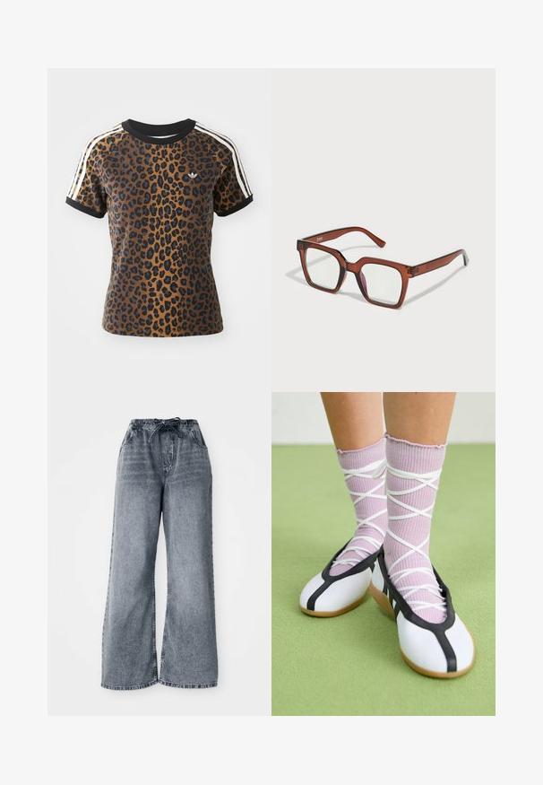 T-maica s uzorkom leoparda, kratkih rukava, crnim rebrastim okruglim izrezom i bijelim bočnim prugama. Izrađena od mekanog materijala s opuštenim krojem.; Sive široke traperice s elastičnim pojasom, zatvaranjem na vezicu i bočnim džepovima. Odeća ima izblijedelu teksturu kroz cijeli materijal.; Bijele ravne cipele s crnim obrubom i potplatom, uparene s svijetlopurpurastim rebrastim čarapama koje imaju bijele križne trake. Postavljene na zelenoj pozadini.; Smeđe oversized pravokutne naočale s prozirnim lećama i blagim ružičastim tonom na desnoj leći. Plastičan okvir s glatkom teksturom.