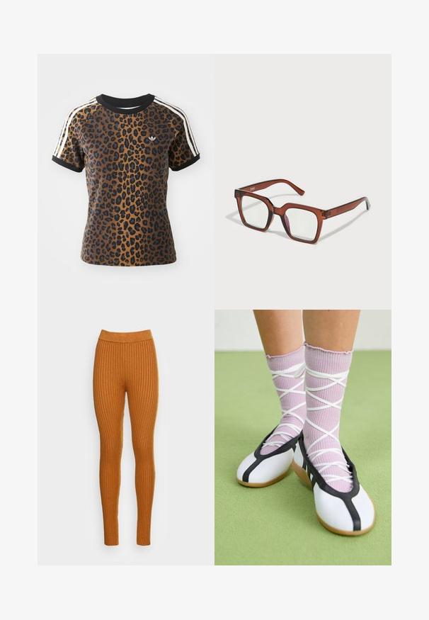 Leopardiprindiga T-särk lühikeste varrukatega, must ribaga ümar kaelus ja valged küljeribad. Valmistatud pehmest kangast ja laia lõikega.; Varrukaidega leggings soe oranžis toonis, millel on kõrge vöökoht. Valmistatud pehmest kangast, millel on püstine tekstuur, pakkudes mugavat istuvust.; Valged lamedad jalanõud musta ääre ja tallaga, koos heledate lillade soonikatega sokkidega, millel on valged ristvõrgud. Taustal roheline värv.; Pruunid üleõlised ristkülikukujulised prillid selgete läätsedega, millel on paremal läätses kerge roosa tooni. Plastraam, mille pind on sile.