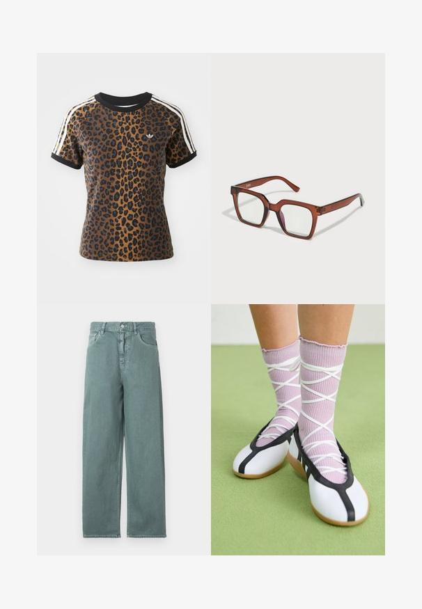 Pöttyös lila T-shirt rövid ujjal, fekete bordás kerek nyakkivágással és fehér oldalsávokkal. Puha anyagból készült, laza szabással.; Világoszöld, bő szabású farmernadrág gombos zárással, négy zsebbel és finom varrási részletekkel, sima pamutszövetből készült.; Fehér lapos cipők fekete díszítéssel és talppal, világos lila bordázott zoknikkal, fehér keresztszalagokkal. Zöld háttér előtt.; Barna, túlméretes, téglalap alakú szemüveg, átlátszó lencsékkel, a jobb lencsén enyhe rózsaszín árnyalattal. Műanyag keret sima felülettel.