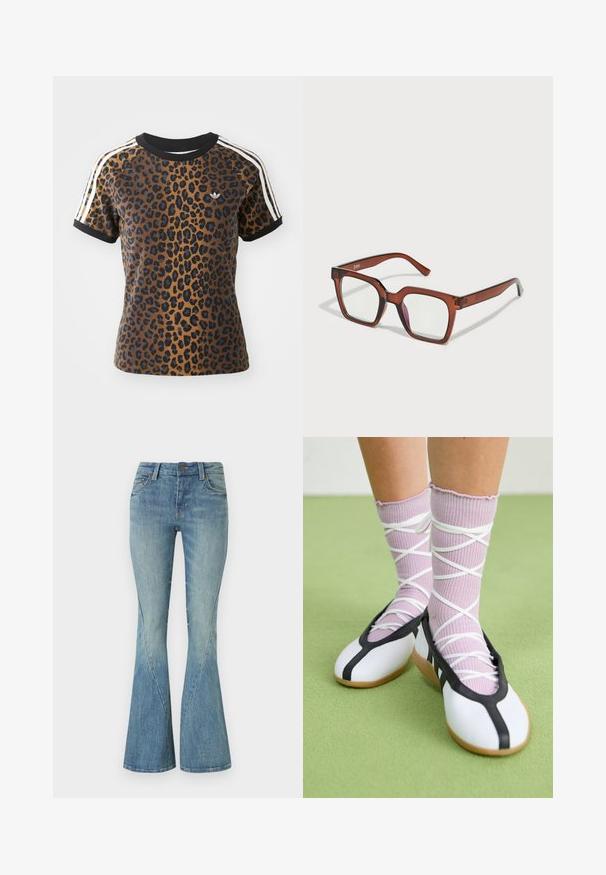 Leopard print T-shirt with short sleeves, black ribbed crew neck, and white side stripes. Made from soft fabric with a relaxed fit.; Light blue flared jeans made from denim. Features a front button closure, five pockets, and subtle fading for texture.; White flat shoes with a black trim and sole, paired with light purple ribbed socks featuring white crisscross straps. Set on a green background.; Brown oversized rectangular glasses with clear lenses and a slight pink tint on the right lens. Plastic frame with smooth texture.