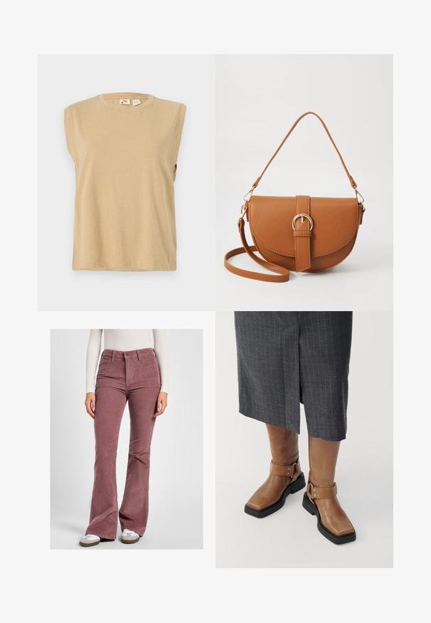 Beige mouwloos topje van zachte stof, met een ronde halslijn en een losse pasvorm met minimale stikseldetails.; Corduroy flared trousers in een vergrijsde rozenkleur, met een hoge taille, getextureerde ribbels en een vijf-pocket ontwerp met messing hardware.; Bruine leren kniehoge laarzen met een vierkante neus, zwarte rubberen zool en verstelbare gespsluiting. Draagt bij een grijze streeprok.; Bruine leren schoudertas met een gebogen vorm, gouden hardware en een gespaccent. Bevat een afneembare schouderriem.