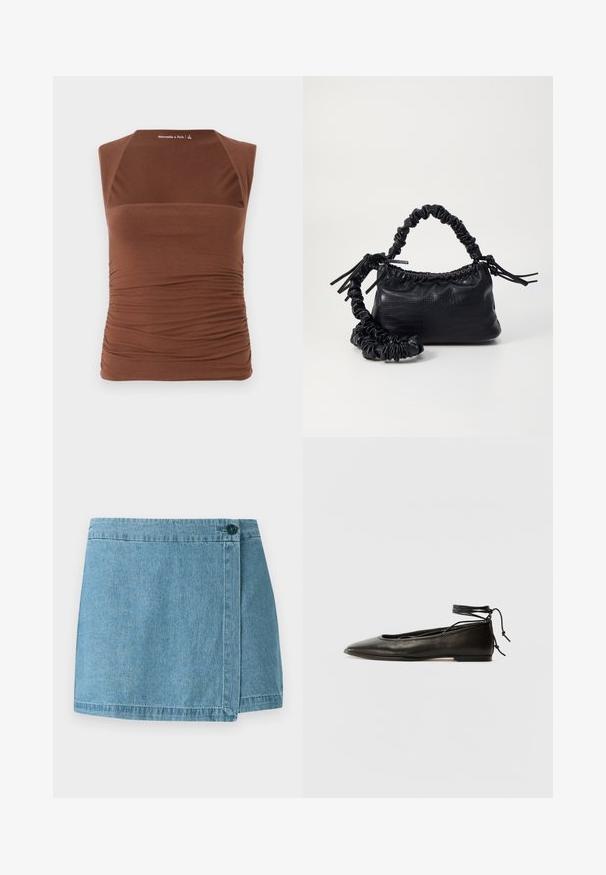 Brahns krūšturis bez piedurknēm, izgatavots no elastīga auduma, ar pieguļošu dizainu, kura sānos ir savilktas tekstūras un gluda virsma priekšpusē.; Gaiša zila džinsa svārki ar apļveida dizainu, vienu pogu un šuvēm. Gluda tekstūra bez rakstiem.; Melnas ādas baleta kurpes ar smailu purngalu, potītes saitēm un plakanu zoli, kas izceļas ar gludu tekstūru un minimālistisku dizainu.; Melnā mākslīgās ādas rokassoma ar krokodila rakstu, savilkta augšdaļa un saburzīta siksna. Izskatās mīksta un kompakta pēc dizaina.