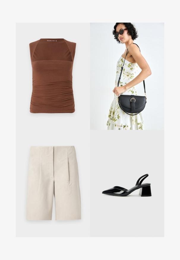 Brun ærmeløs top lavet af strækbart stof, med en tætsiddende design der har rynket tekstur langs siderne og en glat overflade foran.; Beige ruskindsshorts med afslappet pasform, der har to frontfolder og et rent taljedesign. Glat tekstur, midt på låret længde.; Sorte patentlæder slingback hæle med spids tå og en geometrisk blok hæl. Har et elegant, minimalistisk design og en glat tekstur.; Sort læderhåndtaske med en buet form, aftagelig rem og guldfinish. Tasken har en klap med en spænde detalje.