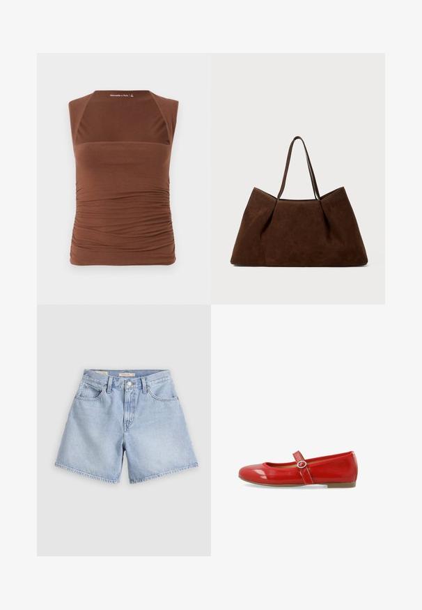 Bruine mouwloze top van rekbare stof, met een getailleerd ontwerp en geplooide textuur langs de zijkanten en een gladde afwerking aan de voorkant.; Lichtblauwe denimshorts. Hoge taille met vier zakken, een knoopsluiting aan de voorkant en ruwe zoomranden. De stof lijkt zacht met een verweerde afwerking.; Rode gepatenteerde leren ballerina met een ronde neus, een decoratieve band met een ronde gesp en een gladde, glanzende afwerking.; Bruine suède tote bag met twee schouderbanden, een ruime rechthoekige vorm en een minimalistisch ontwerp. Zachte textuur met een gladde afwerking.