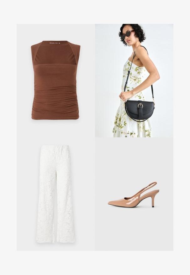 Pruun ilma varrukateta top, mis on valmistatud venivast kangast, millel on istuv disain, kogutud tekstuur külgedel ja sujuv viimistlus ees.; Valged lillelised pitsilised laiad püksid, millel on elastne vöökoht, tekstureeritud kangas ja õrn lillemuster üle kogu pükste.; Nude läikivast nahast slingback-kudumid, millel on terav nina, avatud külgedega disain ja 7 cm stiilne konts. Must aktsent kontsa alusel.; Mustmust mustraha kõverate joontega, eemaldatava rihmaga ja kuldsete detailidega. Kotil on klapp, millel on pandladetail.