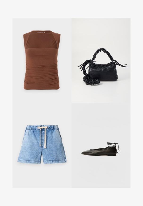 Hnědý bezrukávový top vyrobený z elastického materiálu, s přiléhavým střihem a nařasenou texturou po stranách a hladkým povrchem vpředu.; Světle modré denimové šortky s elastickým pasem a šňůrkou na stažení. Mají dvě boční kapsy a rovný lem.; Černé kožené baletky s špičatou špičkou, vázáním na kotníku a plochou podrážkou, s hladkým povrchem a minimalistickým designem.; Černá kabelka z umělé kůže s krokodýlím vzorem, staženým vrškem a zmačkaným popruhem. Zdá se, že má měkký a kompaktní design.