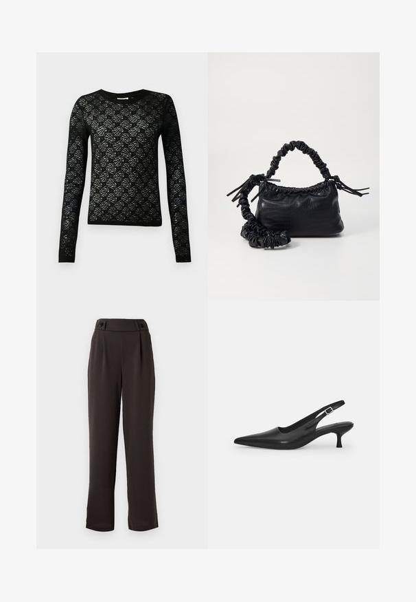Melnas mežģīņu džemperis ar garām piedurknēm un apaļu kakla izgriezumu, kas izceļ ziedu rakstu ar strukturētu apdari.; Tumši brūni pielāgoti bikses ar gludu auduma tekstūru, ar augstu jostasvietu, diviem priekšējiem krokām un dekoratīvām melnām pogām jostasvietā.; Melnas ādas slīdošās kurpes ar norādītu pirkstu un šauru, izliekta papēdi. Ar diskrētu regulējamu siksniņu ar metāla sprādzi.; Melnā mākslīgās ādas rokassoma ar krokodila rakstu, savilkta augšdaļa un saburzīta siksna. Izskatās mīksta un kompakta pēc dizaina.