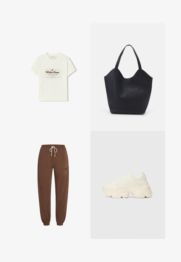 Biała bawełniana koszulka z okrągłym dekoltem i krótkimi rękawami. Posiada nadrukowany design etykiety w kolorze bordowym z napisem "Biała Róża" oraz związanym tekstem.; Brązowe dresy wykonane z miękkiego materiału, z elastycznym paskiem w talii ze sznurkiem, zwężanymi nogawkami i akcentem logo po boku.; Podeszwa chunky białych sneakersów wykonana z teksturowanej siateczki i materiałów syntetycznych, z grubą podeszwą i skomplikowanymi detalami wzoru po bokach.; Czarna torba na ramię wykonana z gładkiej skóry, z zaokrąglonym, otwartym topem i dwoma paskami na ramię oraz minimalistycznym designem.