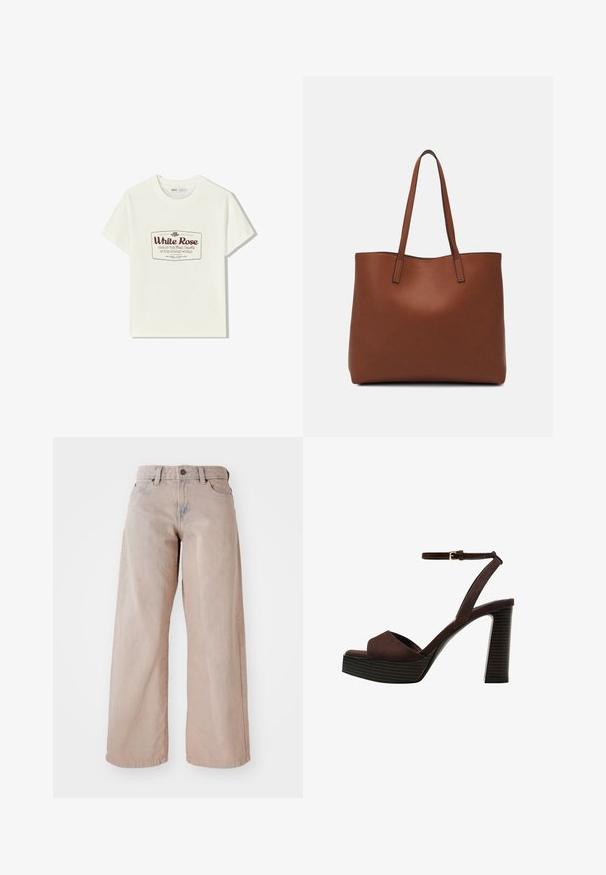 Bílý bavlněný tričko s kulatým výstřihem a krátkými rukávy. Obsahuje tištěný maroon štítek s nápisem "Bílá Růže" a souvisejícím textem.; Beige široké džíny s vysokým pasem, pěti kapsami a zapínáním na knoflík. Tkanina má měkkou strukturu a mírné vyblednutí na přední straně.; Hnědé semišové sandály na vysokém podpatku s otevřenou špičkou, nastavitelným páskem kolem kotníku a proužkovou platformou.; Hnědá kožená taška přes rameno s hladkou texturou, otevřeným designem a dvěma ramenními popruhy. Obsahuje minimální švy a žádné viditelné kovové prvky.