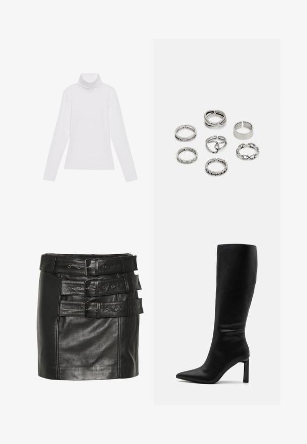 Weißes Langarm-Turtleneck-Oberteil aus glattem, elastischem Stoff. Mit hohem Kragen und tailliertem Schnitt, ohne sichtbare Muster oder Verzierungen.; Schwarzer Leder-Minirock mit mehreren breiten Gürteln mit Schnallen und Metallösen. Glatte Textur mit strukturiertem Design.; Even&Odd Stiefel - black; Set aus sieben silbernen Ringen mit verschiedenen Designs, einschließlich verdrehter, verbundener und gravierter Muster. Unterschiedliche Formen und Breiten.