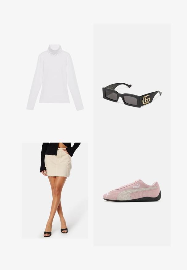 Bílý dlouhý rukáv rolák vyrobený z hladkého, elastického materiálu. Má vysoký límec a přiléhavý střih, bez viditelných vzorů nebo ozdob.; Béžová denimová minisukně s třepeným lemem, obsahující boční kapsy a jedno knoflíkové zapínání, nošena s černým topem s dlouhým rukávem a podpatky.; Růžové semišové tenisky s šedými akcenty, zjednodušený design, texturovaný svršek a černá gumová podrážka. Na boku je logo Puma.; Gucci RECTANGULAR/SQUARED - Sluneční brýle - black/grey; Even&Odd Kabelka - black