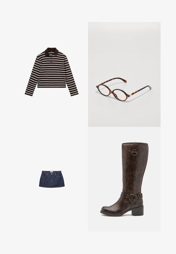 Hnědo-bílý pruhovaný polo tričko s dlouhým rukávem, se stojáčkem a límečkem na tři knoflíky, vyrobené z měkké tkaniny.; Džínová mini sukně v tmavě modré barvě s přiléhavým pasem, předními kapsami a kovovým zapínáním. Hladký materiál a klasický střih.; Hnědé kožené vysoké boty s kulatou špičkou, dekorativním páskem, kulatým kovovým prvkem a nízkým blokovým podpatkem. Hladký povrch po celé délce.; Kočičí brýle s oválnými rámy, průhlednými čočkami a zlatými akcenty. Mají zakřivené nožičky a hladký, lesklý povrch.; Tmavě modrá džínová taška se soft, volným tvarem, vybavená uchem v hobo stylu a texturovaným povrchem. Žádné viditelné kovové prvky.