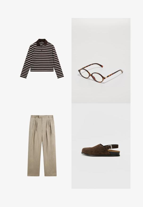 Bruine en witte gestreepte longsleeve polo met een kraag en een drieknoopsluiting, gemaakt van een zachte stof.; Beige linnen broek met een losse pasvorm, voorzien van dubbele plooien aan de voorkant, een platte tailleband en rechte pijpen. Glad textuur, minimalistisch ontwerp.; Bruin suède instapper met een lage hak, een verstelbare band met een zilveren gesp en een zwarte rubberen zool.; schildpadbril met ovale monturen, heldere lenzen en gouden accenten. Bevat gebogen pootjes en een gladde, glanzende afwerking.; Bruine suède hobo tas met een zachte, slonzige vorm, voorzien van een enkele schouderriem en een subtiele naad langs de randen.