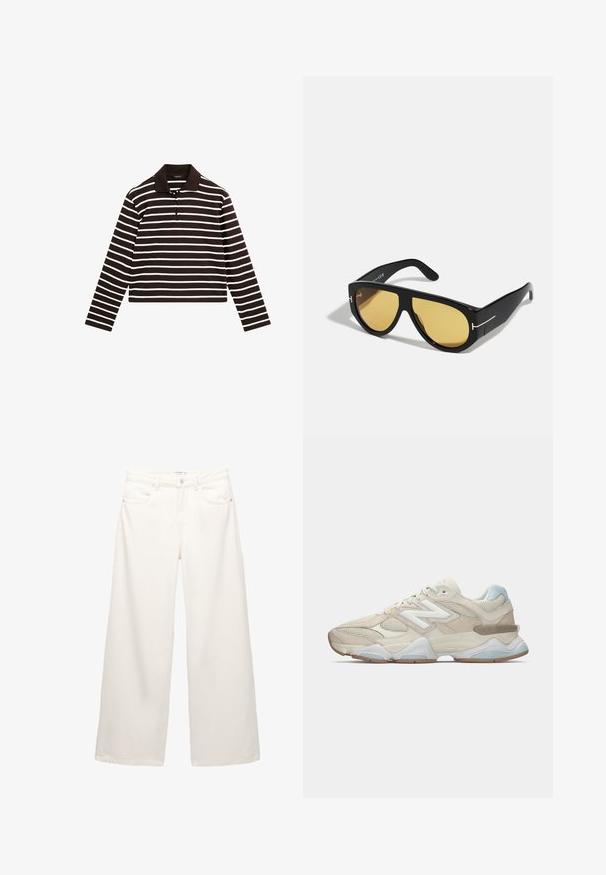 Brown and white striped long-sleeve polo shirt, featuring a collar and three-button placket, made from a soft fabric.; White wide-leg jeans made of denim with a high waist, featuring front pockets and metal hardware on the button and zipper closure.; Beige and light blue mesh and suede athletic sneaker with white "N" logo and chunky white and brown sole, side view.; Black sunglasses with a geometric frame, yellow lenses, and gold accents on the temples. Smooth texture, wide shape, contemporary design.
