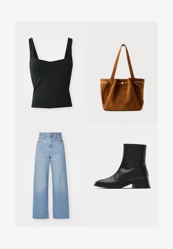 Czarny bezrękawnik wykonany z gładkiego materiału, z kwadratowym dekoltem i dopasowanym kształtem, bez widocznych wzorów czy dodatków.; Jasnoniebieskie jeansy z wysokim stanem i szerokimi nogawkami, z zapięciem na guziki i zamek z przodu, przednie i tylne kieszenie, na białym tle.; Czarne botki do kostek z błyszczącej skóry, o eleganckim designie, spiczastym nosku i umiarkowanym blokowym obcasie dla stabilności.; Brązowa zamszowa torba tote z podwójnymi uchwytami, zapięciem na guzik oraz luźnym, lekko opadającym kształtem.