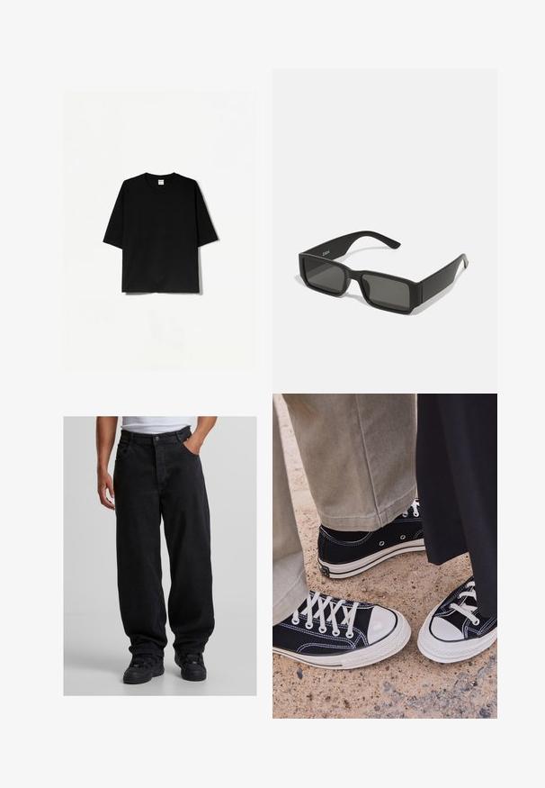 Crna kratka majica s kratkim rukavima i okruglim izrezom, izrađena od mekog materijala, s opuštenim, kutnim krojem i minimalističkim dizajnom.; Crne, široke traperice s dugmetom i dva prednja džepa. Nosi se s crnim sportskim cipelama i bijelom majicom.; Crne platnene tenisice s bijelim gumastim vrhovima i vezicama. Kontrastni šavovi i metalne rupice dodaju detalj. Nosive s bež hlačama i crnim materijalom.; Crne sunčane naočale s pravokutnim lećama, okvirom od mat plastike i ravnim rubovima. Sadrži logo branda na unutarnjoj strani drške.; Višeslojna ogrlica koja se sastoji od srebrnih lanaca i bisernih perli s privjescima, uključujući ključeve i kvadratni privjesak. Glatka tekstura s sjajnim završetkom.