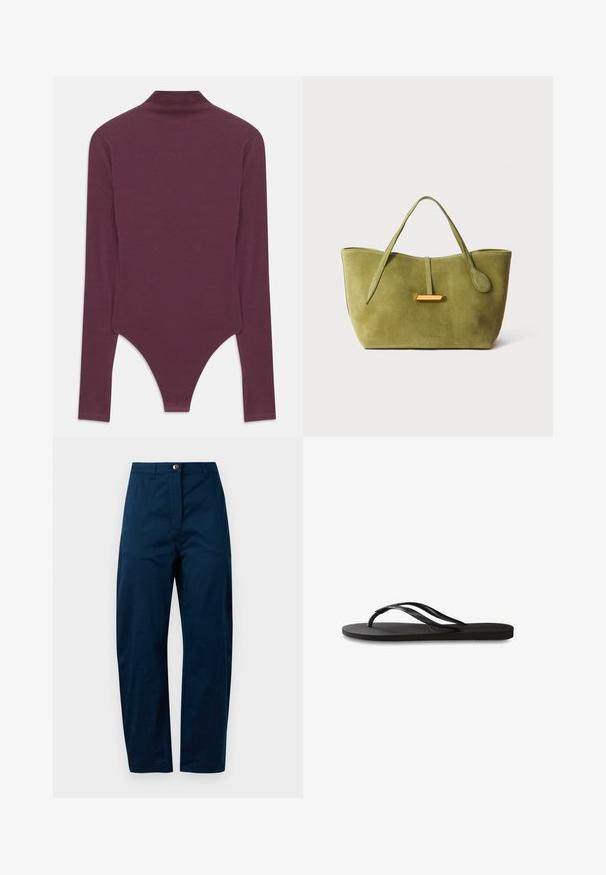 Burgundy långärmad bodysuit med hög hals, tillverkad av mjukt tyg, med en tanga-kapning nedtill och åtsittande ärmar.; Marinblå byxor med rak ben-design, som har en frontal knappstängning, två sidofickor och en slät, texturerad yta.; Svart flip-flop med en texturerad gummisula, två slanka remmar och en subtil, präglad logodetalj på remmen.; Grön mockaväska med en strukturerad form, förlängda handtag och en guldaccent. Slät textur, minimalistisk design, utan synlig hårdvara.