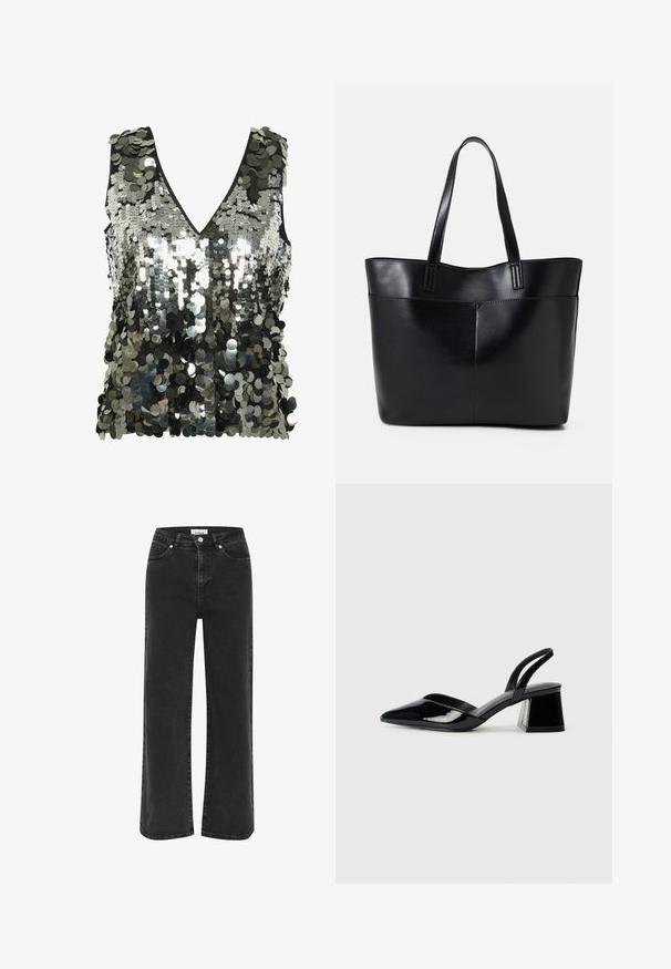 Top sin mangas con un profundo escote en V, cubierto de lentejuelas plateadas y negras reflectantes, que muestra una superficie texturizada y brillante.; Jeans de mezclilla anchos y negros, con cintura alta, bolsillos delanteros y cierre de cremallera con botón. Desgaste sutil en la tela.; Zapatos de tacón slingback de charol negro con punta afilada y tacón geométrico en bloque. Presentan un diseño elegante y minimalista, así como una textura suave.; Bolso tote de cuero negro con dos asas largas, textura suave y forma estructurada. Cuenta con un bolsillo frontal para almacenamiento adicional.