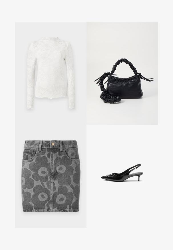 Biela blúzka s dlhým rukávom a vysokým golierom, zdobená jemnou kvetinovou čipkou a vlnitým lemom.; Džínová sukňa v sivej farbe s čiernym kvetinovým vzorom. Obsahuje dve predné vrecká, zapínanie na gombík a rovný strih.; Čierne kožené slingback podpätky s ostrou špičkou, malým podpatkom a dekoratívnym uzlom vpredu. Hladký povrch po celom obvode.; Čierna umelá kožená kabelka s kroko vzorom, sťahovaným vrchom a zhnutým popruhom. Vyzerá mäkko a kompaktné v dizajne.