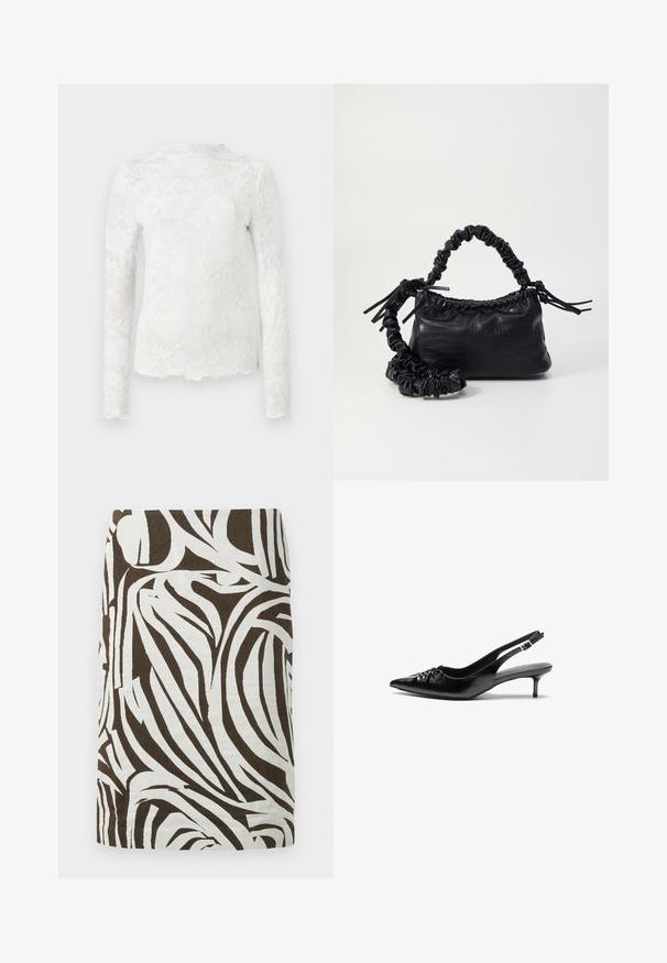 Top alb cu mânecă lungă, cu decolteu înalt, având un model subtil din dantelă florală și margine ondulată.; Fustă creion maro și alb cu model abstract asemănător zebrei, de lungime până la genunchi și croială dreaptă.; Cizme slingback din piele neagră, cu vârf ascuțit, toc mic de tip kitten heel și un detaliu decorativ sub formă de nod în față. Textură netedă pe întreaga suprafață.; Geantă din faux leather neagră cu textură de crocodil, cu partea superioară strânsă și o curea mototolită. Pare moale și compactă ca design.