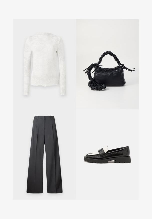 Bílé dlouhé rukávy s vysokým výstřihem, zdobené jemným květinovým krajkovým vzorem a vlnitým lemem.; Široké kalhoty z tmavě šedé látky, s vysokým pasem, jedním skladem a hladkou texturou s čistým zakončením na lemech.; Černo-bílé kožené loafers s texturovaným svrškem, kulatou špičkou a masivní černou gumovou podrážkou s vzorovaným dezénem.; Černá kabelka z umělé kůže s krokodýlím vzorem, staženým vrškem a zmačkaným popruhem. Zdá se, že má měkký a kompaktní design.